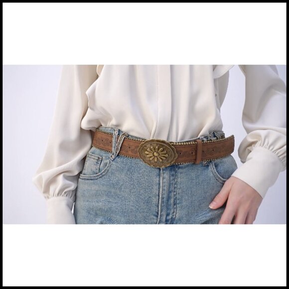 Western PU Leather Belt Floral Embossed Vintage Buckle Cowgirl Cowboy Style - Picture 7 of 7